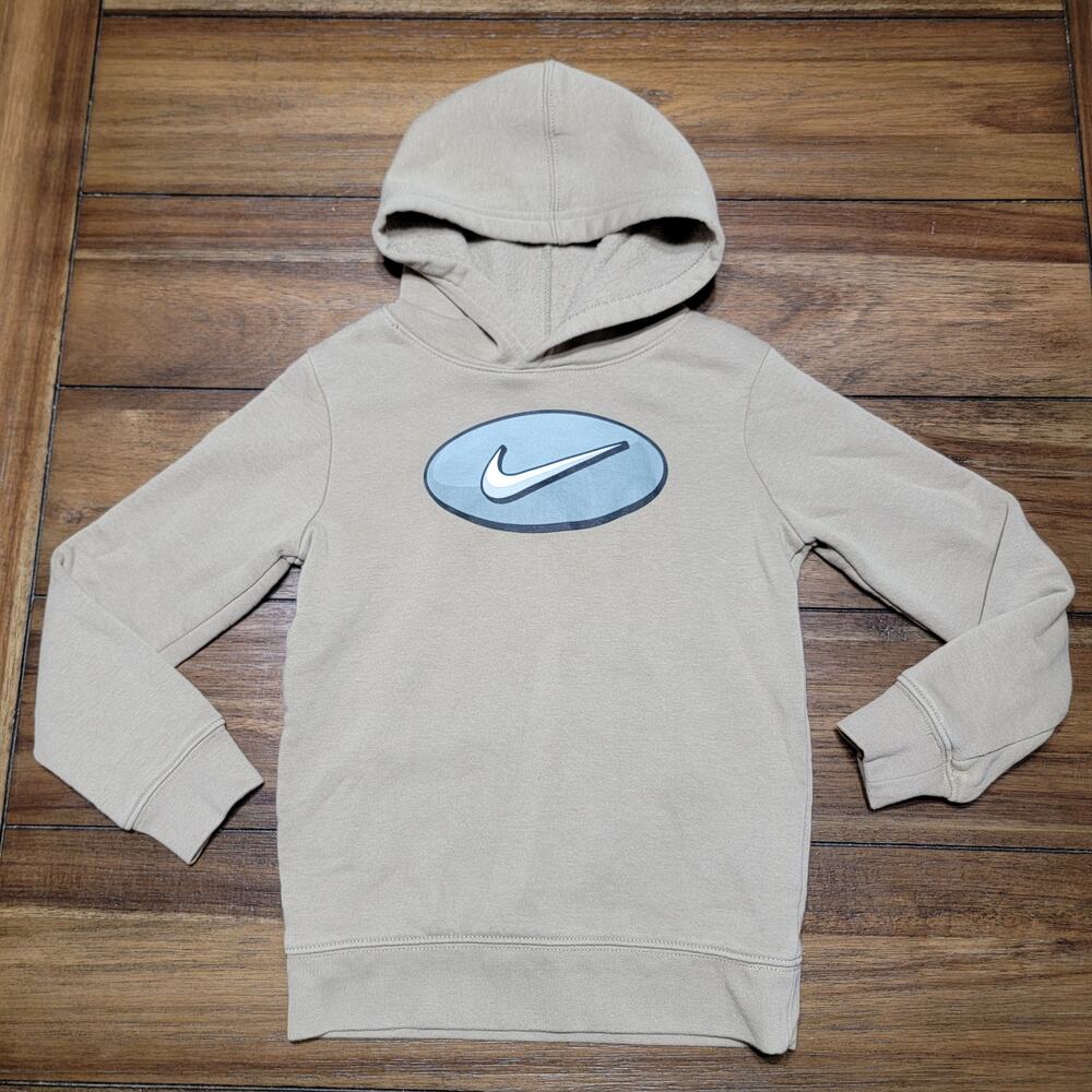 Nike Kids Beige LS Pullover Hoodie Grey Logo - Size Small (4-5 yrs) - Picture 1 of 5